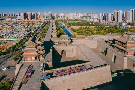 Aerial view of Shanxi Datong cityscapes and the old city wall