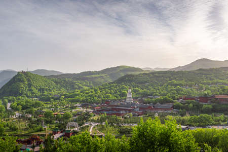 Aerial view of the Wutai Mountain at dusk, Shanxi Province, Chinaのeditorial素材