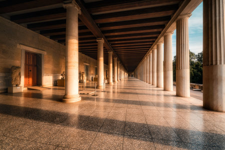The column and statues at Stoa of Attalos, in Ancient Agora of Athensのeditorial素材