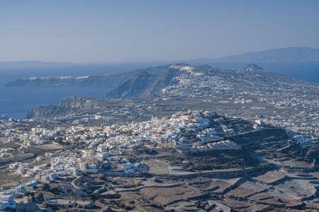 Overlooking the landscape of the village Pyrgos from the mountain in Santorini Island in Greeceの写真素材