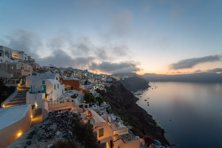 Sunrise landscapes of the village Oia in Santorini Island in Greeceのeditorial素材