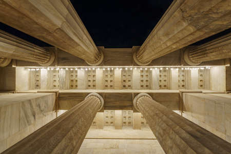 Marble column background of traditional Greek architecture at night