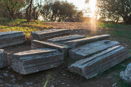 Ancient marble ruins on the ground in Athens, Greeceの写真素材