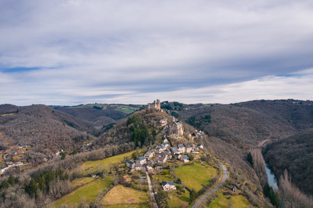 Aerial view of ChÃ¢teau de Najac (Castle of Najac) and Najac village on the hill in France