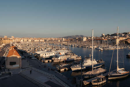 Boats in the old port and modern buildings in Marseille, Franceのeditorial素材