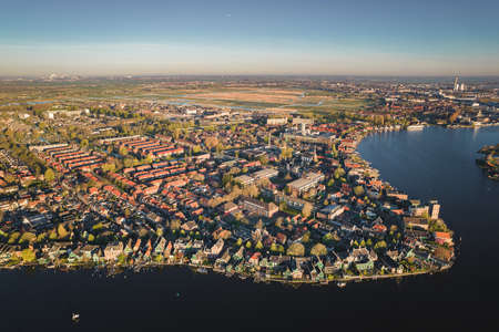 Aerial view of the historical village with old windmills at sunrise in Zaanse Schans, Netherlandsの写真素材