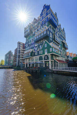 Modern designed block buildings with colorful wall in Zaandam, Netherlandsのeditorial素材