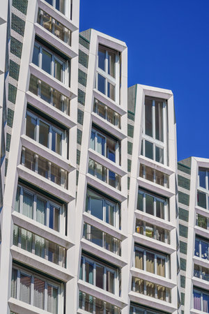 Modern designed block buildings with colorful wall in Zaandam, Netherlandsのeditorial素材