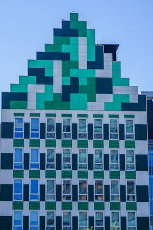 Modern designed block buildings with colorful wall in Zaandam, Netherlands