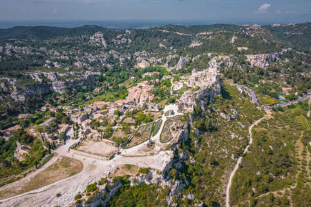 Aerial view of the castle and village of Les Baux-de-Provence, South Franceのeditorial素材