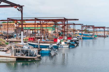 Boats and piers in oyster farms in Etang de Thau in South Franceのeditorial素材