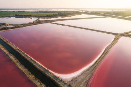 Aerial view of the Aigues-Mortes salt marsh at sunsetの写真素材