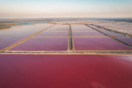 Aerial view of the Aigues-Mortes salt marsh at sunsetの写真素材
