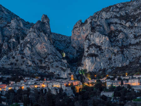 Moustiers-Sainte-Marie at night, a French town in Provence, Franceの写真素材