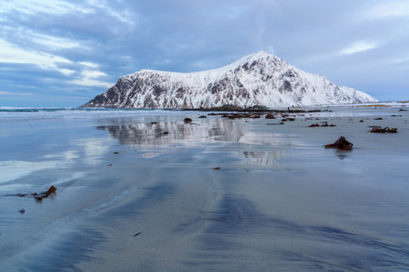 Natural landscapes of the fjord and sea in winter in Lofoten Islands, Norwayの写真素材