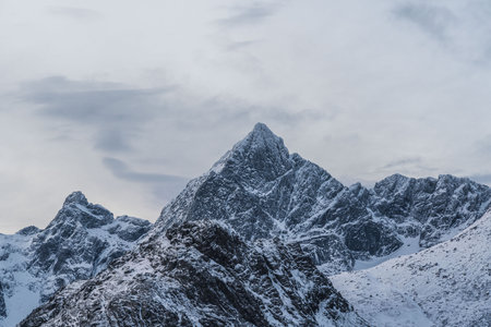 Natural landscapes of the fjord and sea in winter in Lofoten Islands, Norwayの写真素材