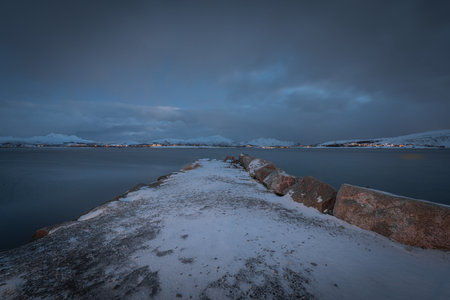 Natural landscapes of the fjord and sea in winter in Lofoten Islands, Norwayの写真素材