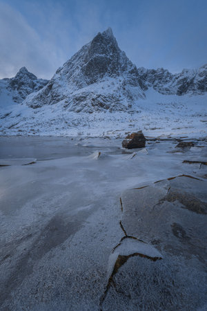 Natural landscapes of the fjord and sea in winter in Lofoten Islands, Norwayの写真素材