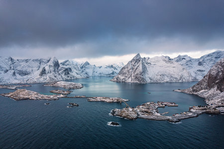 Aerial view of Reine in winter, a famous fishing village on Lofoten Islands in Norwayの写真素材