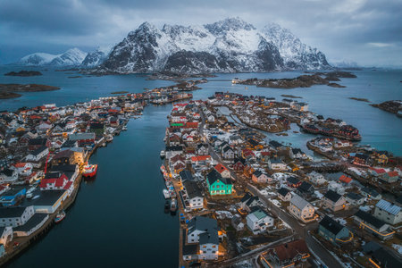 Aerial view of village Henningsvaer in winter, a famous fishing village on Lofoten Islands in Norwayの写真素材