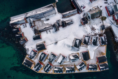 Aerial view of vacation cabins on the Lofoten Islands in Norway in winterの写真素材