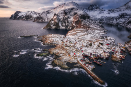 Aerial view of village A in winter, a famous fishing village on Lofoten Islands in Norwayの写真素材