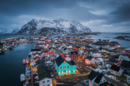Aerial view of village Henningsvaer in winter, a famous fishing village on Lofoten Islands in Norwayの写真素材