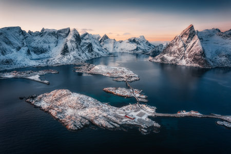 Aerial view of Reine in winter, a famous fishing village on Lofoten Islands in Norwayの写真素材