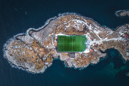 Aerial view of football field on the island in winterの写真素材