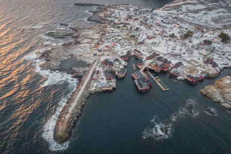 Aerial view of village A in winter, a famous fishing village on Lofoten Islands in Norwayの写真素材