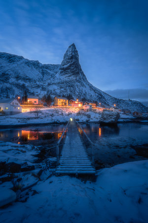 Natural landscapes in winter at dusk in Reine village, one of the most popular village in Lofoten Islands, Norwayの写真素材