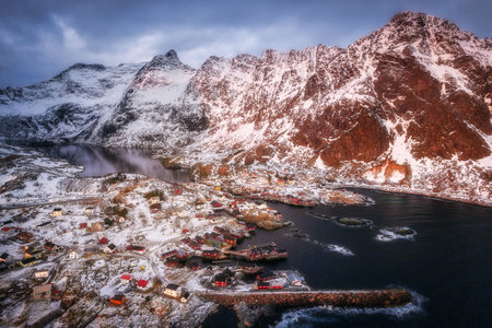 Aerial view of village A in winter, a famous fishing village on Lofoten Islands in Norwayの写真素材