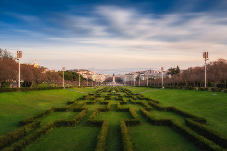 Eduardo VII Park in LIsbon at sunset with the city in the backgroundの写真素材