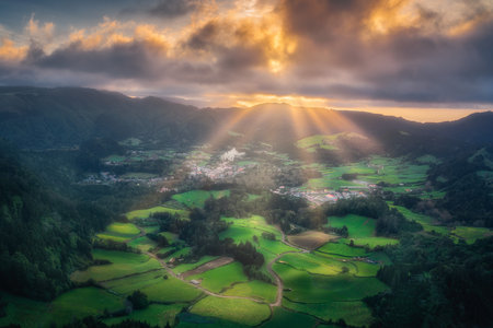 Aerial view of the city Furnas and the countryside landscapes on Sao Miguel Island, Azores, Portugalの写真素材