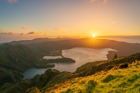 Aerial view of the volcanic lake,  Lagoa do Fogo on Sao Miguel Island at sunrise, Azores, Portugalの写真素材