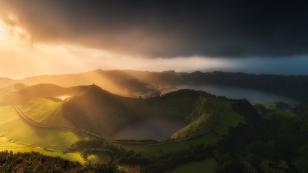 Aerial view of the volcanic mountains and lakes, with green farmland of Sete Cidades on Sao Miguel Island, Azores, Portugalの写真素材