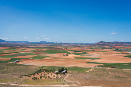Aerial view of idyllic farms and colorful farmland in central Spainの写真素材