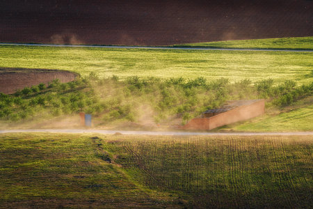 Aerial view of idyllic farms and colorful farmland in central Spainの写真素材