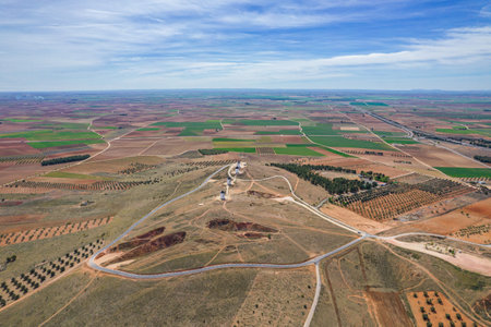 Aerial view of the old historic windmills on the hill of Alcazar de San Juan, Molinos de Viento, Consuegra, Spainの写真素材