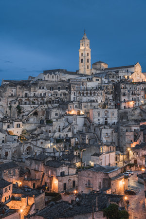 Matera city skyline, the ancient town of Matera at sunrise or sunset, Matera, Italyの写真素材