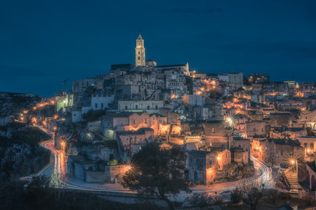 Matera city skyline, the ancient town of Matera at sunrise or sunset, Matera, Italyの写真素材