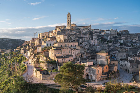 Matera city skyline, the ancient town of Matera at sunrise or sunset, Matera, Italyの写真素材