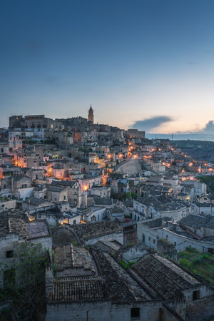 Matera city skyline, the ancient town of Matera at sunrise or sunset, Matera, Italyの写真素材