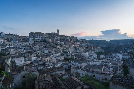 Matera city skyline, the ancient town of Matera at sunrise or sunset, Matera, Italyの写真素材