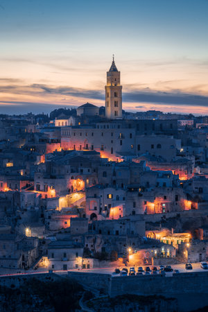 Matera city skyline, the ancient town of Matera at sunrise or sunset, Matera, Italyの写真素材