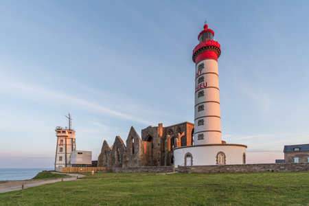 Saint-Mathieu Lighthouse on Pointe Saint-Mathieu in Plougonvelin, around Brest, Franceの写真素材