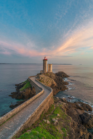 Petit Minou lighthouse and its headland, aerial view at sunsetの写真素材
