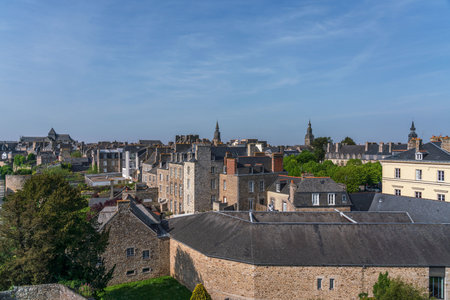 High angle view of Dinan old city center from Dinan Castle, Franceの写真素材