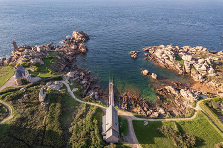 Aerial view of Ploumanac'h Lighthouse, Pink Granite Coast seascape in Brittany, Franceの写真素材
