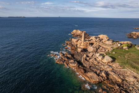 Aerial view of Ploumanac'h Lighthouse, Pink Granite Coast seascape in Brittany, Franceの写真素材